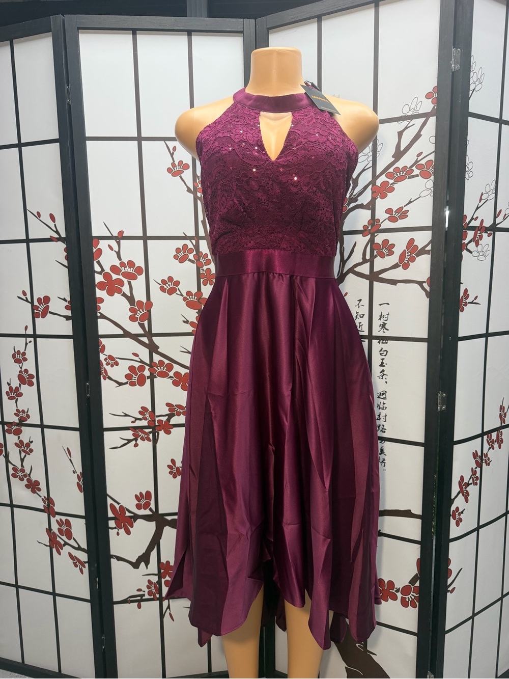 Miusol Burgundy Halter Lace High-Low Dress